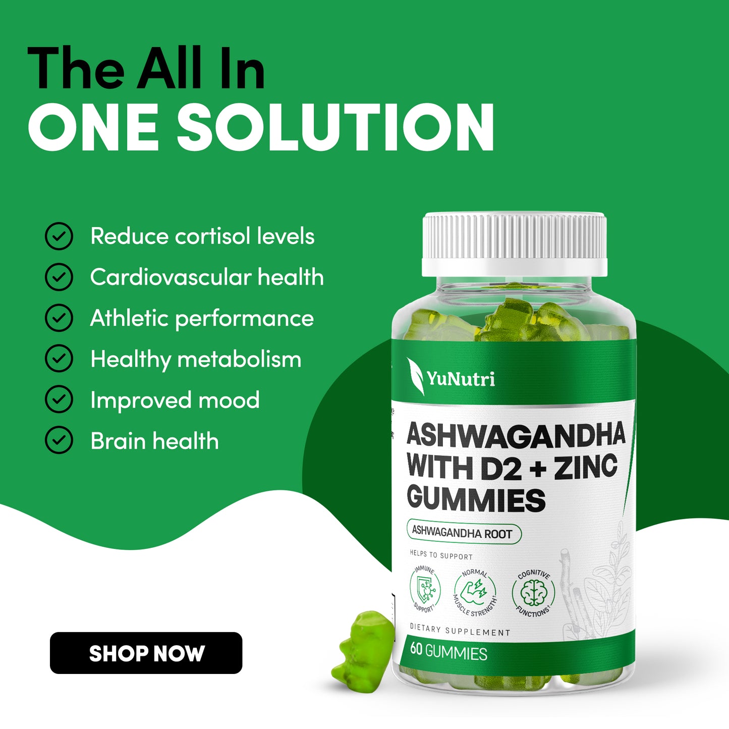 Yu Nutri Ashwagandha with Vitamin D2 and Zinc Gummies for Stress Relief, Immune Support, and Mood Enhancement