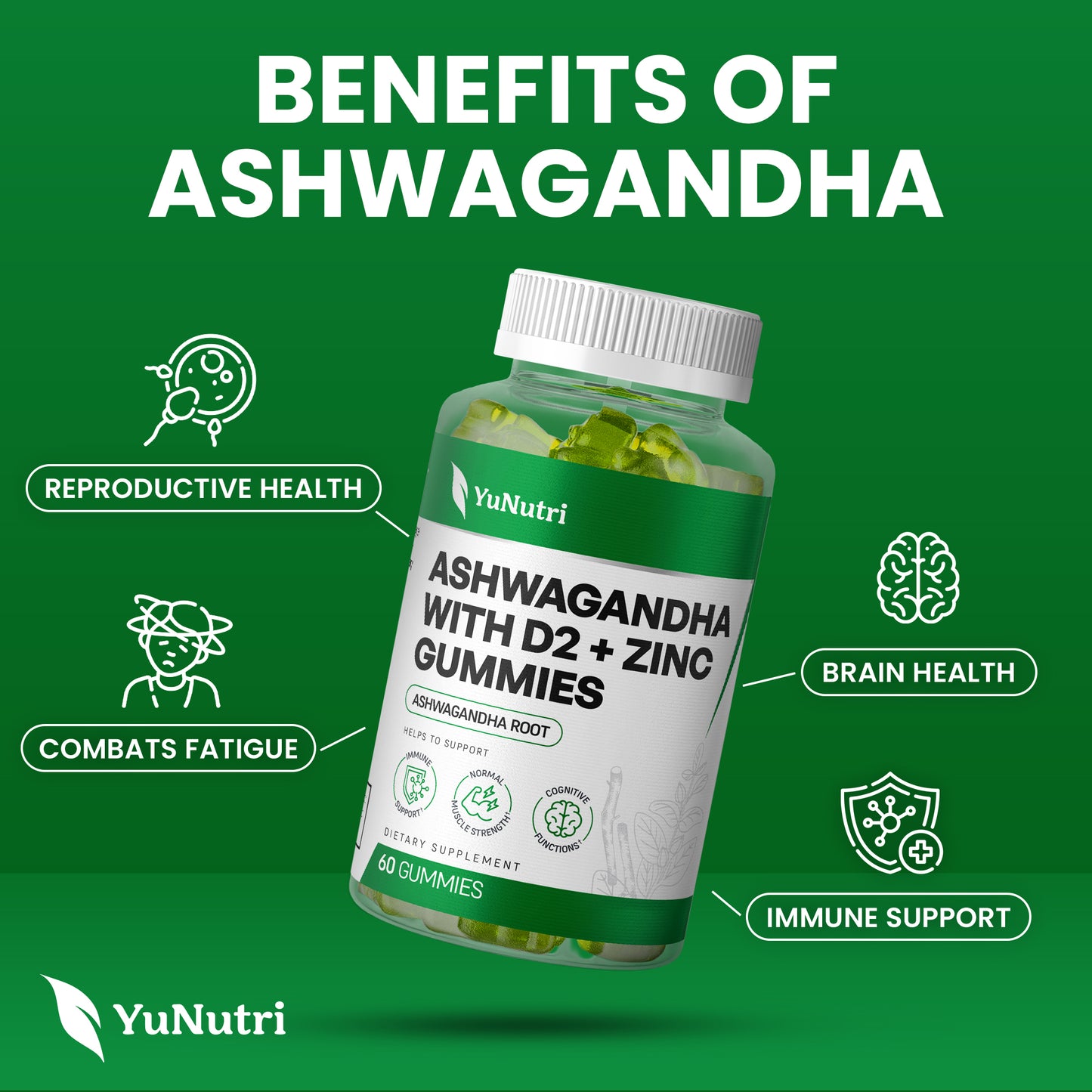 Yu Nutri Ashwagandha with Vitamin D2 and Zinc Gummies for Stress Relief, Immune Support, and Mood Enhancement