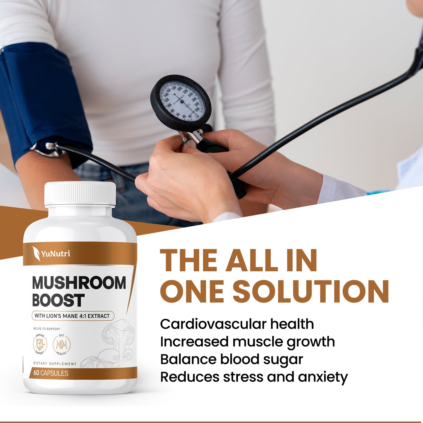 Yu Nutri Mushroom Boost Supplement with Reishi, Lion's Mane, and Cordyceps for Energy and Immune Support