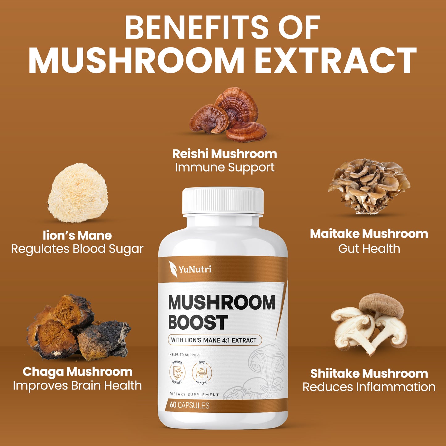 Yu Nutri Mushroom Boost Supplement with Reishi, Lion's Mane, and Cordyceps for Energy and Immune Support