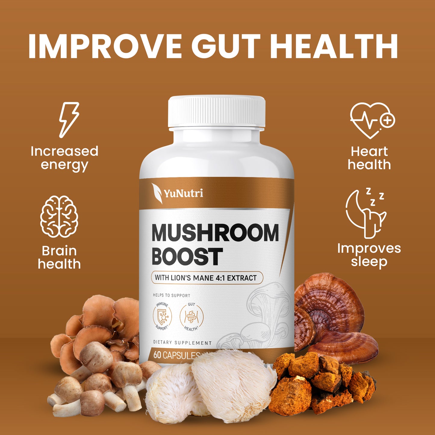 Yu Nutri Mushroom Boost Supplement with Reishi, Lion's Mane, and Cordyceps for Energy and Immune Support