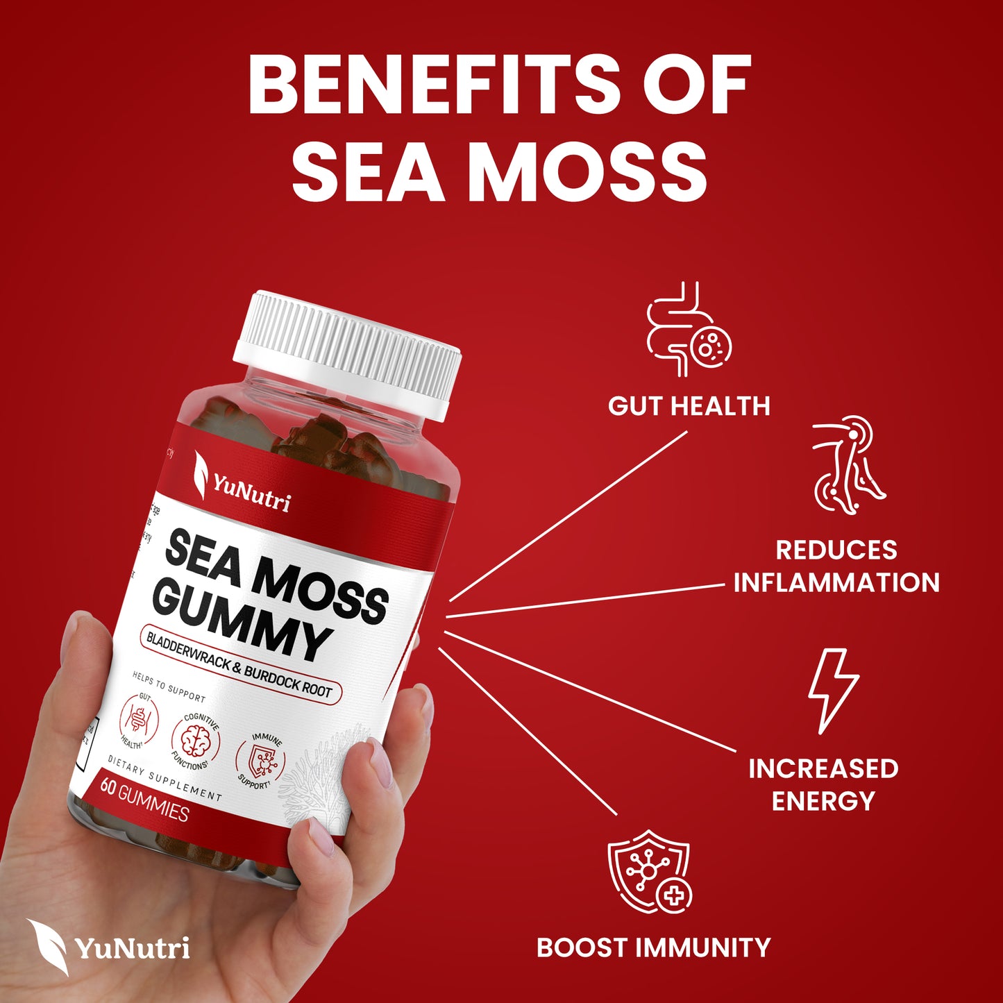 Yu Nutri Sea Moss Gummies with Bladderwrack and Burdock Root for Immune Support and Digestive Health