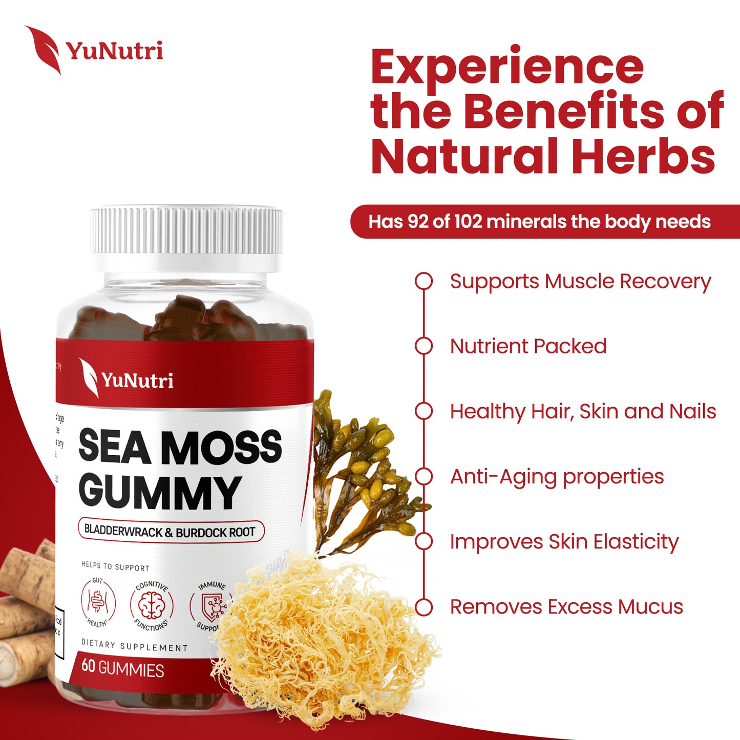 Yu Nutri Sea Moss Gummies with Bladderwrack and Burdock Root for Immune Support and Digestive Health