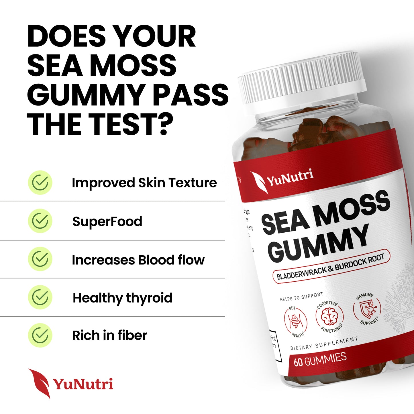 Yu Nutri Sea Moss Gummies with Bladderwrack and Burdock Root for Immune Support and Digestive Health